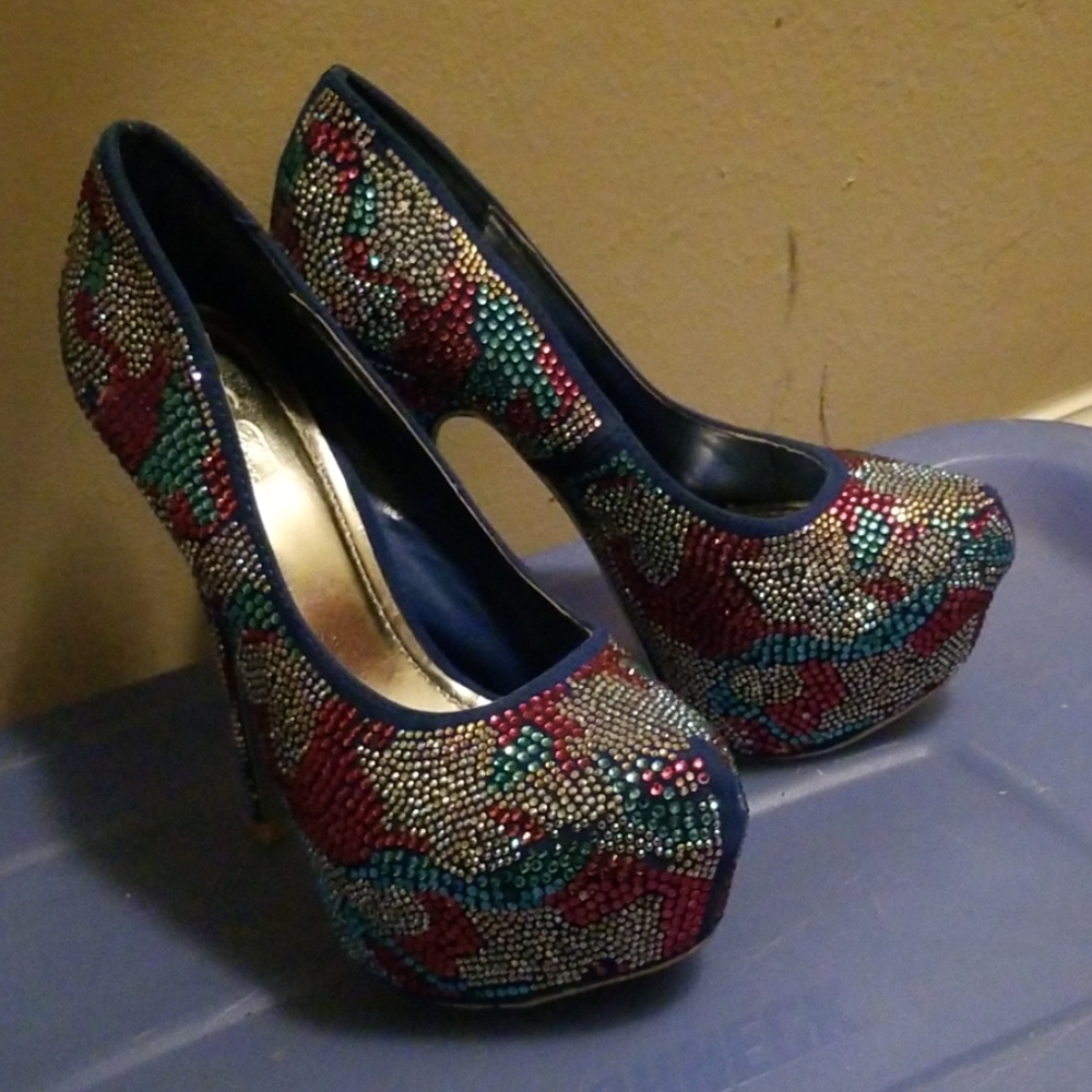 High heel multi colored  pink blue silver